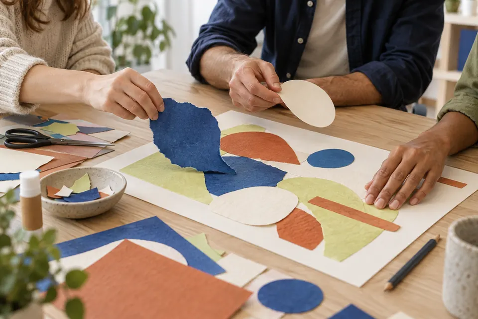 Illustrative scene of colleagues making a colourful paper collage together